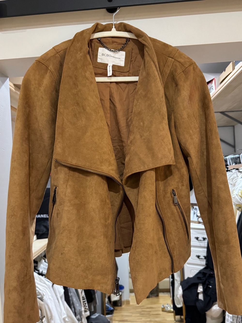 BCBGeneration Camel Suede Draped Moto Jacket